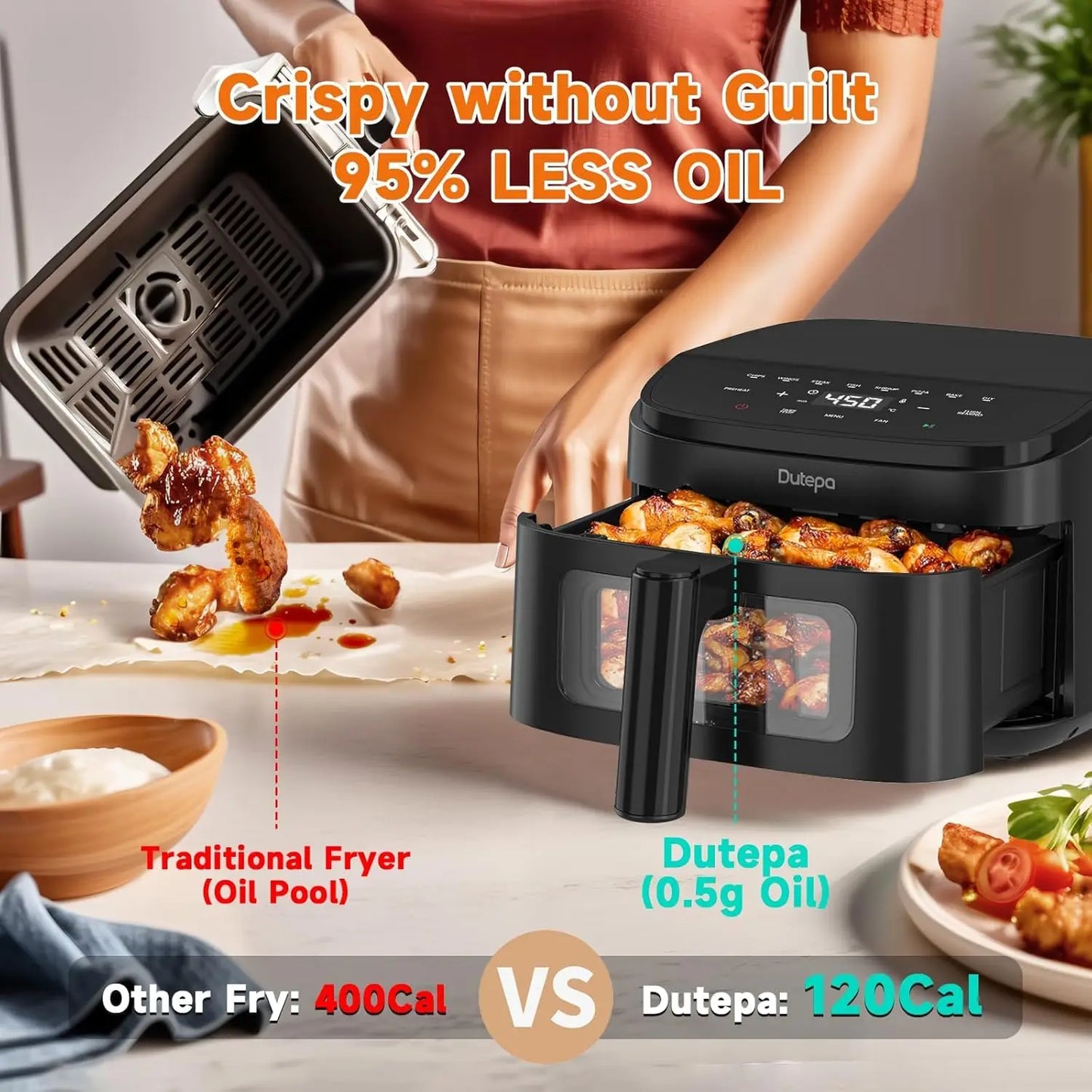 8-in-1 Air Fryer, 4.5Qt Compact Design, Fast Crispy Cooking with Adjustable Fan Speed, Healthy Low-Oil Meals, Dishwasher Safe