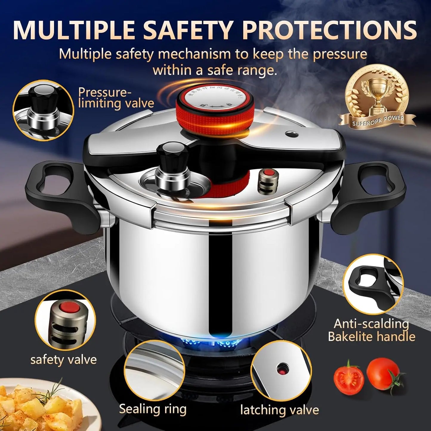 8 Quart Stainless Steel Pressure Cooker, Stove Top for Canning, Fast Cooking, Gas & Induction Compatible, Dishwasher Safe