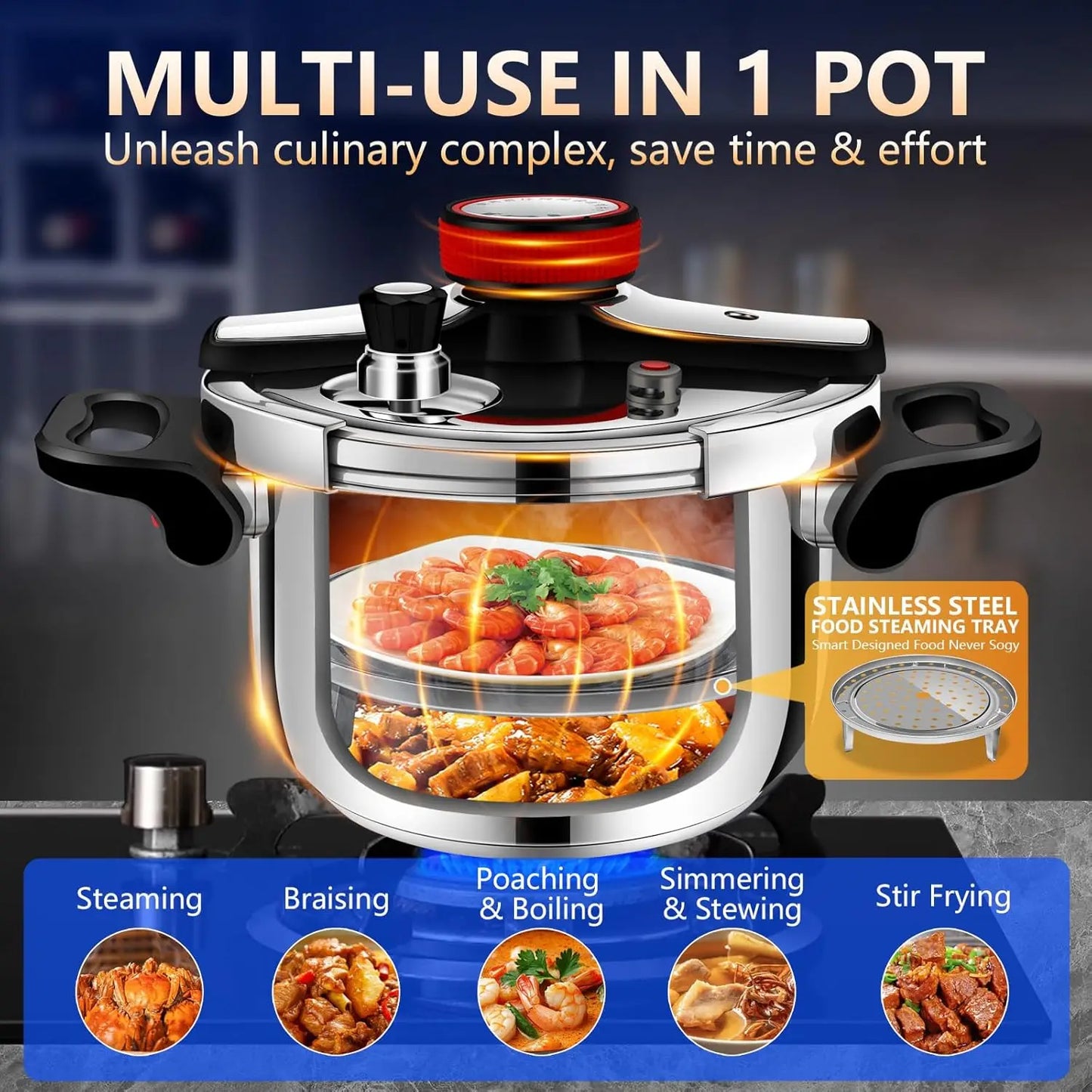 8 Quart Stainless Steel Pressure Cooker, Stove Top for Canning, Fast Cooking, Gas & Induction Compatible, Dishwasher Safe