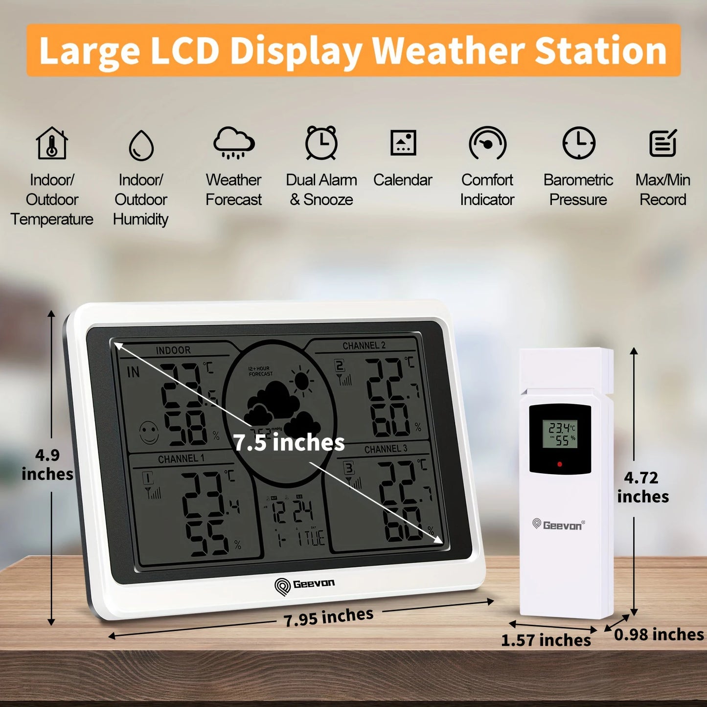 Geevon Weather Station Wireless Indoor & Outdoor Thermometer With 3-Sensors, Large LCD Display, Backlight, DIY Sticker Labels