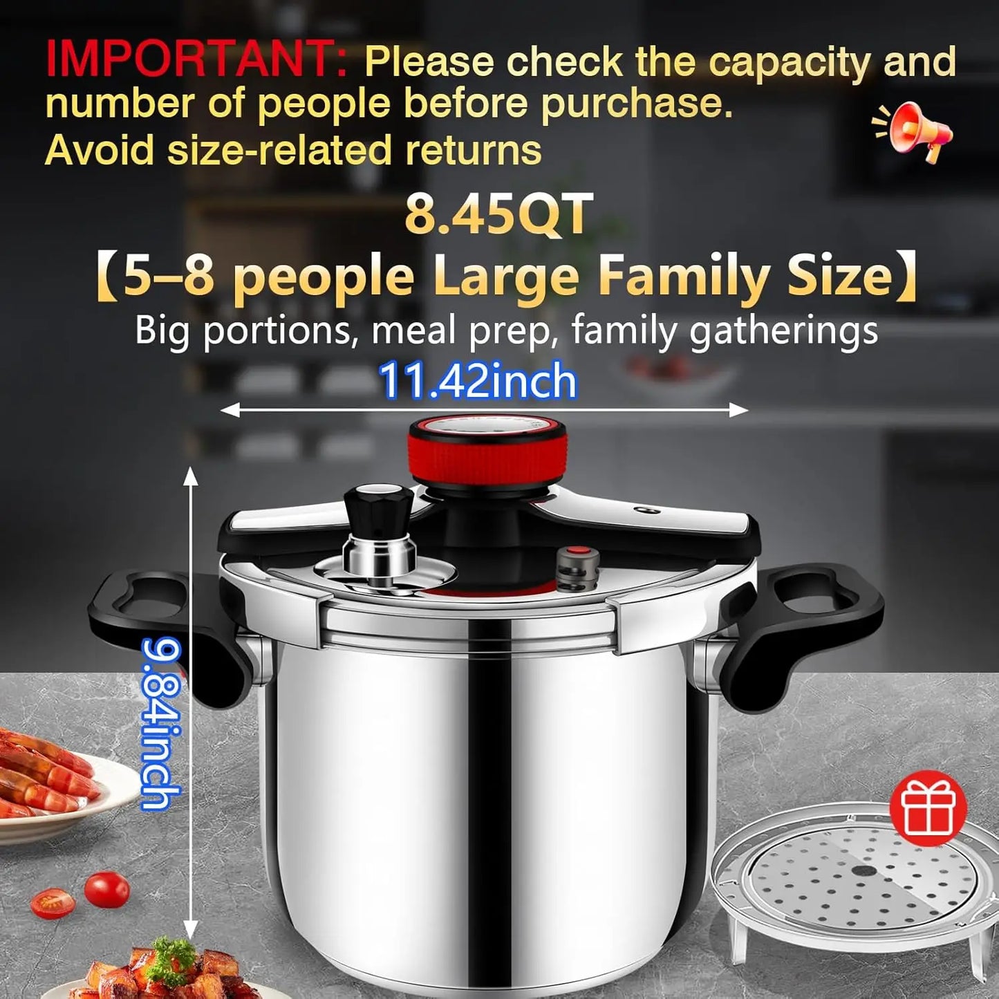 8 Quart Stainless Steel Pressure Cooker, Stove Top for Canning, Fast Cooking, Gas & Induction Compatible, Dishwasher Safe