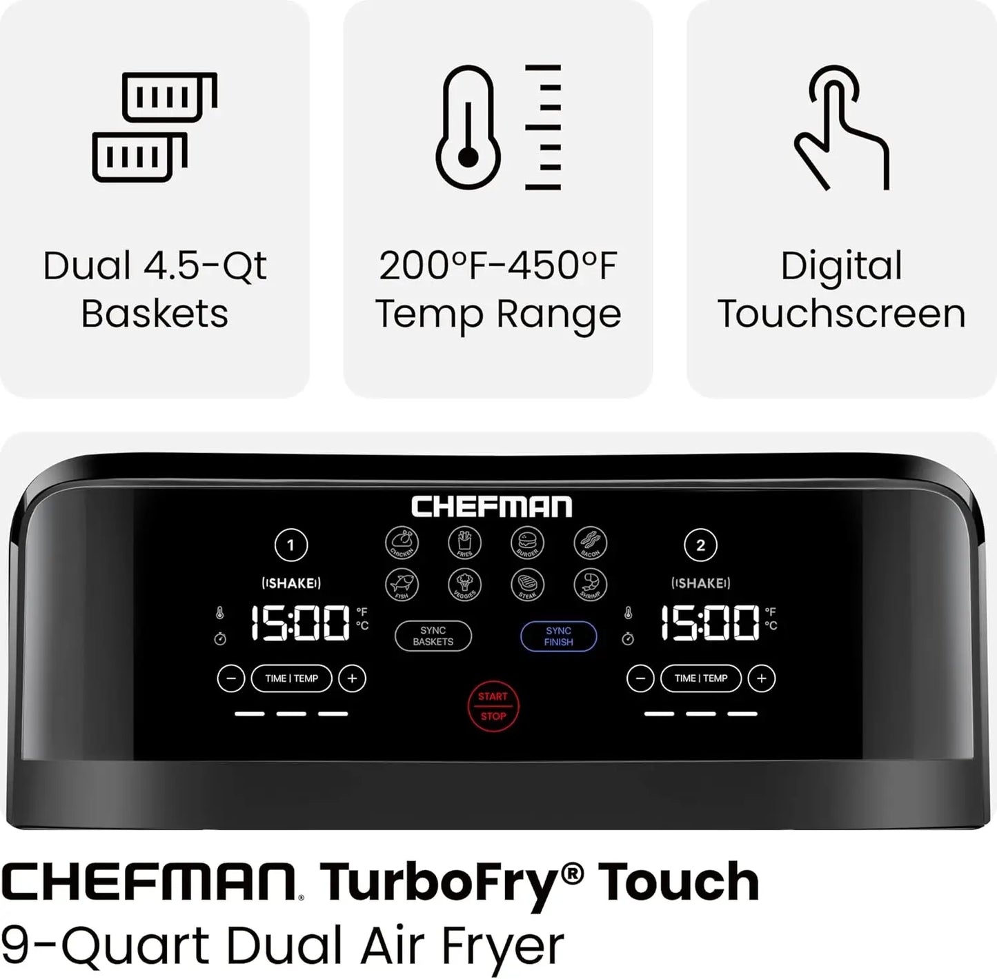 Dual Basket Air Fryer, 9QT Capacity, Digital Touch Screen, Sync Finish, Shake Reminder, Nonstick, Dishwasher Safe