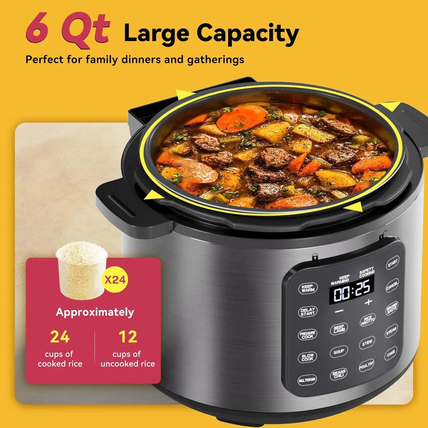 Electric Pressure Cooker 6 Quart with Non-stick Pot, 9-in-1, 12 Presets, Touchscreen, Safe Steam Release, Rice, Slow Cook