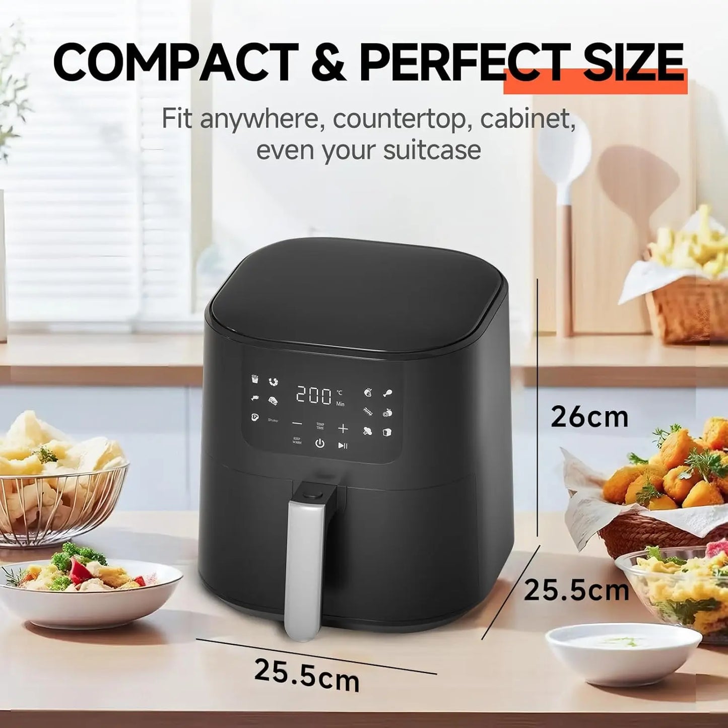 8-in-1 Air Fryer 5.5 QT, 180-450°F, Large Touch Display, Shake Reminder, Black
