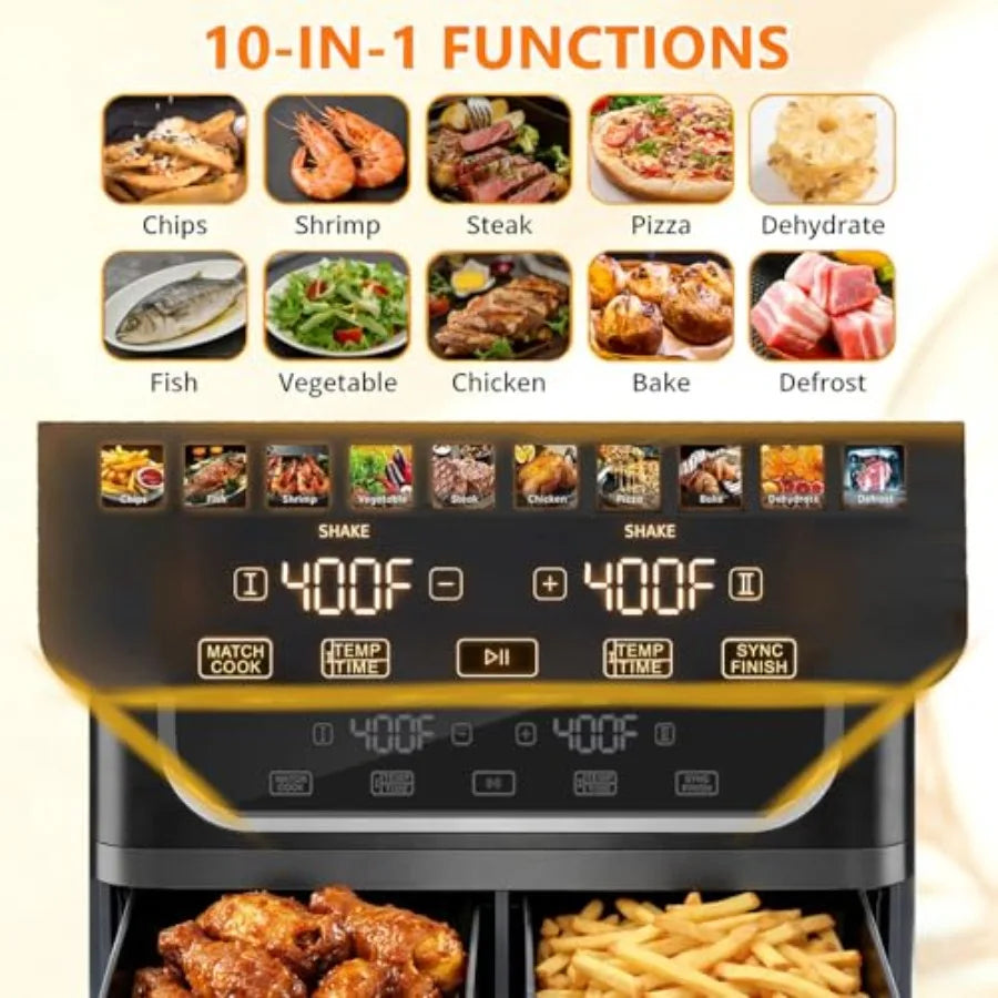 9.5-Qt Dual Basket Air Fryer 10-in-1 Digital Preset 1700W Air Fryer with Sync Cook and Independent Temp Control Shake Reminder