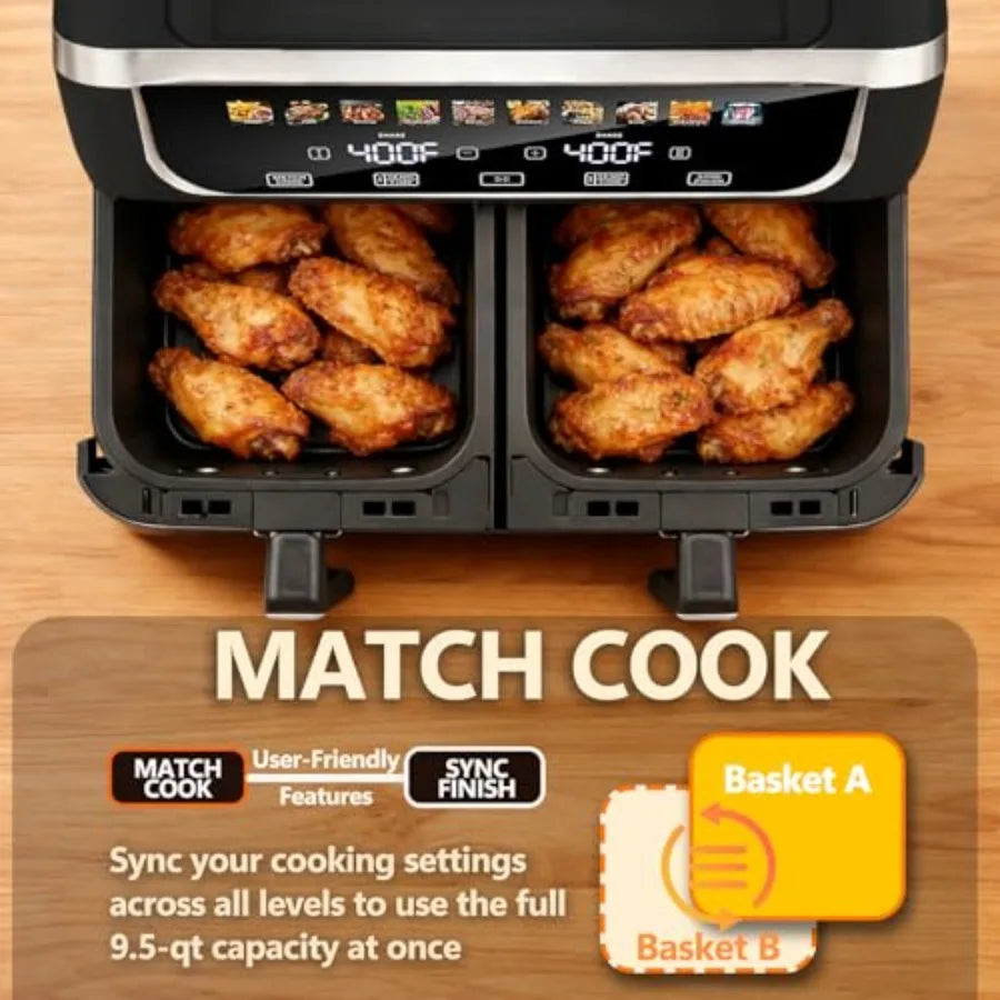 9.5-Qt Dual Basket Air Fryer 10-in-1 Digital Preset 1700W Air Fryer with Sync Cook and Independent Temp Control Shake Reminder