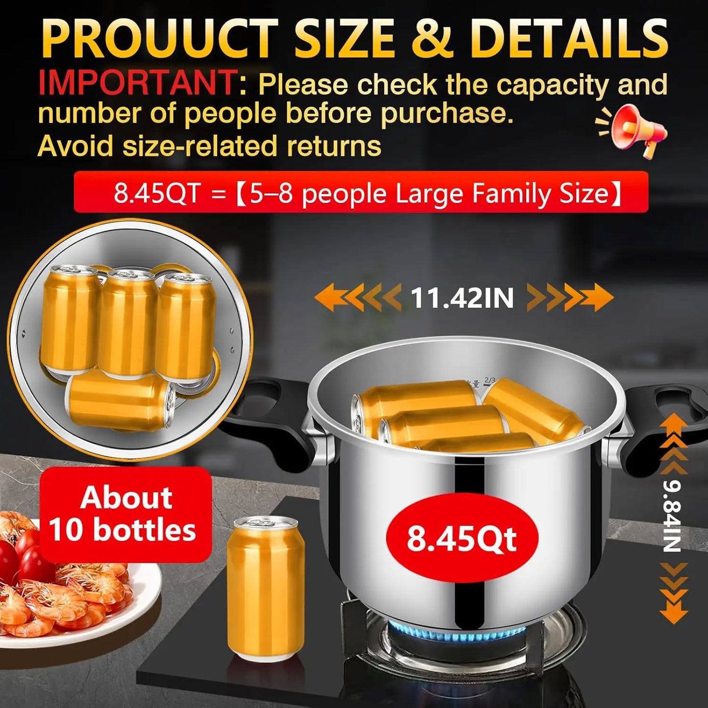 8 Quart Stainless Steel Pressure Cooker, Stove Top for Canning, Fast Cooking, Gas & Induction Compatible, Dishwasher Safe