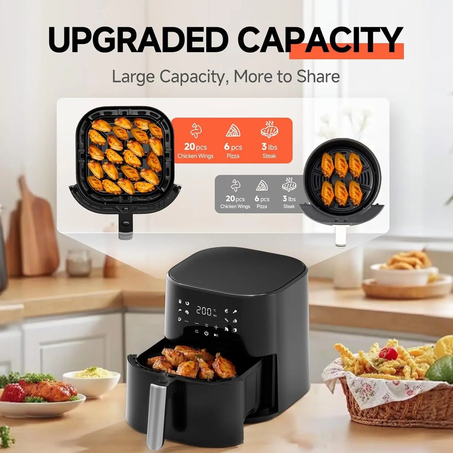 8-in-1 Air Fryer 5.5 QT, 180-450°F, Large Touch Display, Shake Reminder, Black
