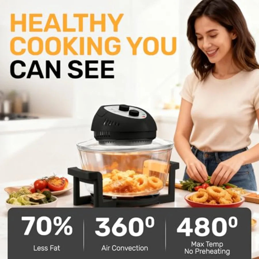 16Qt Large Glass Air Fryer Non Toxic Family Sized Halogen Oven Cooker with 3 Cooking Sections Stainless Steel Racks for French