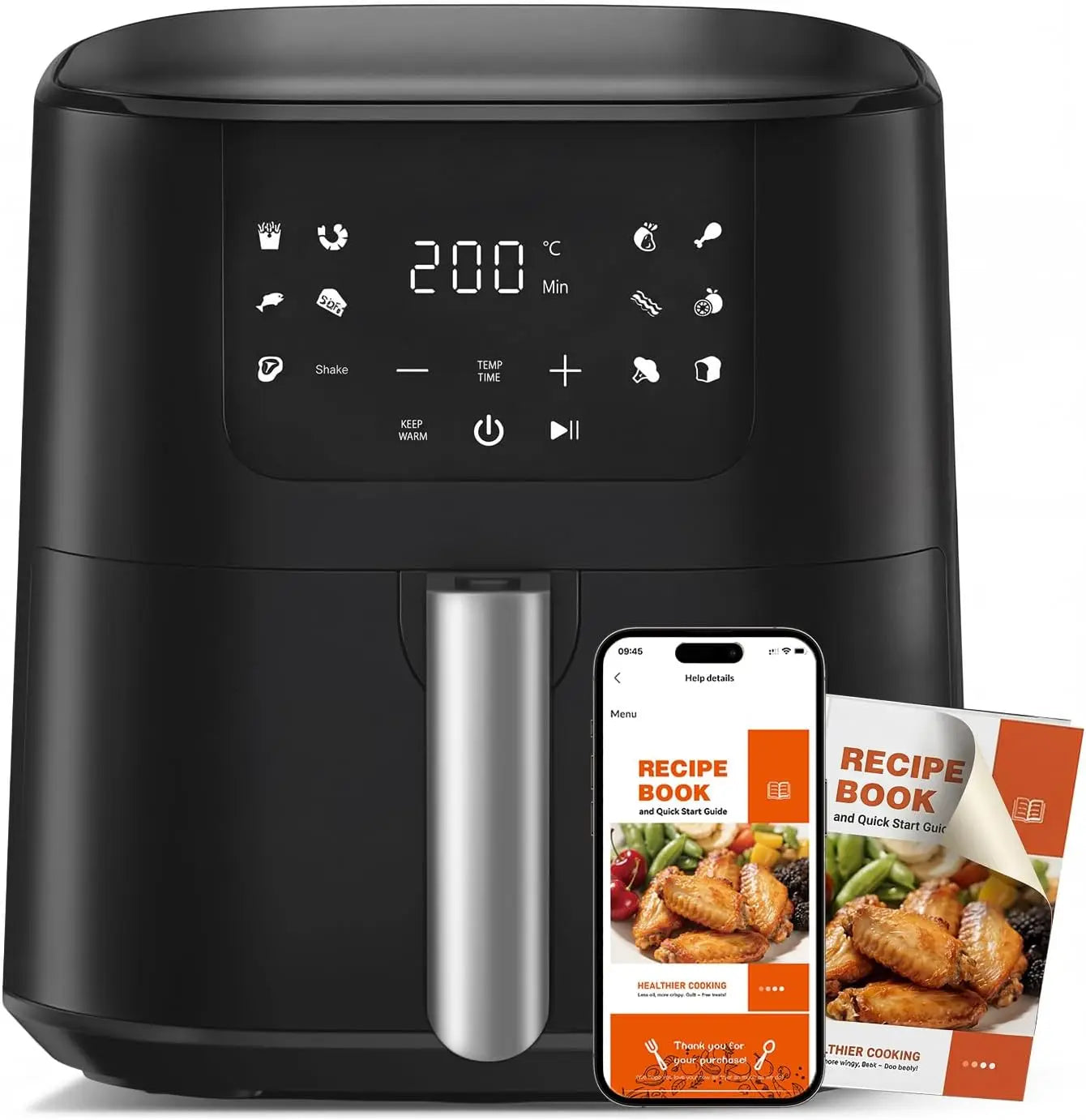 8-in-1 Air Fryer 5.5 QT, 180-450°F, Large Touch Display, Shake Reminder, Black
