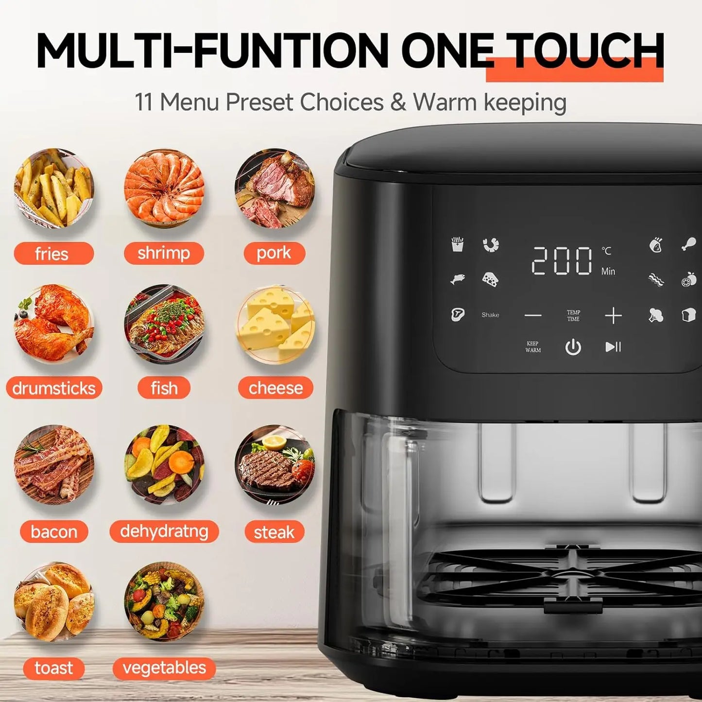 8-in-1 Air Fryer 5.5 QT, 180-450°F, Large Touch Display, Shake Reminder, Black