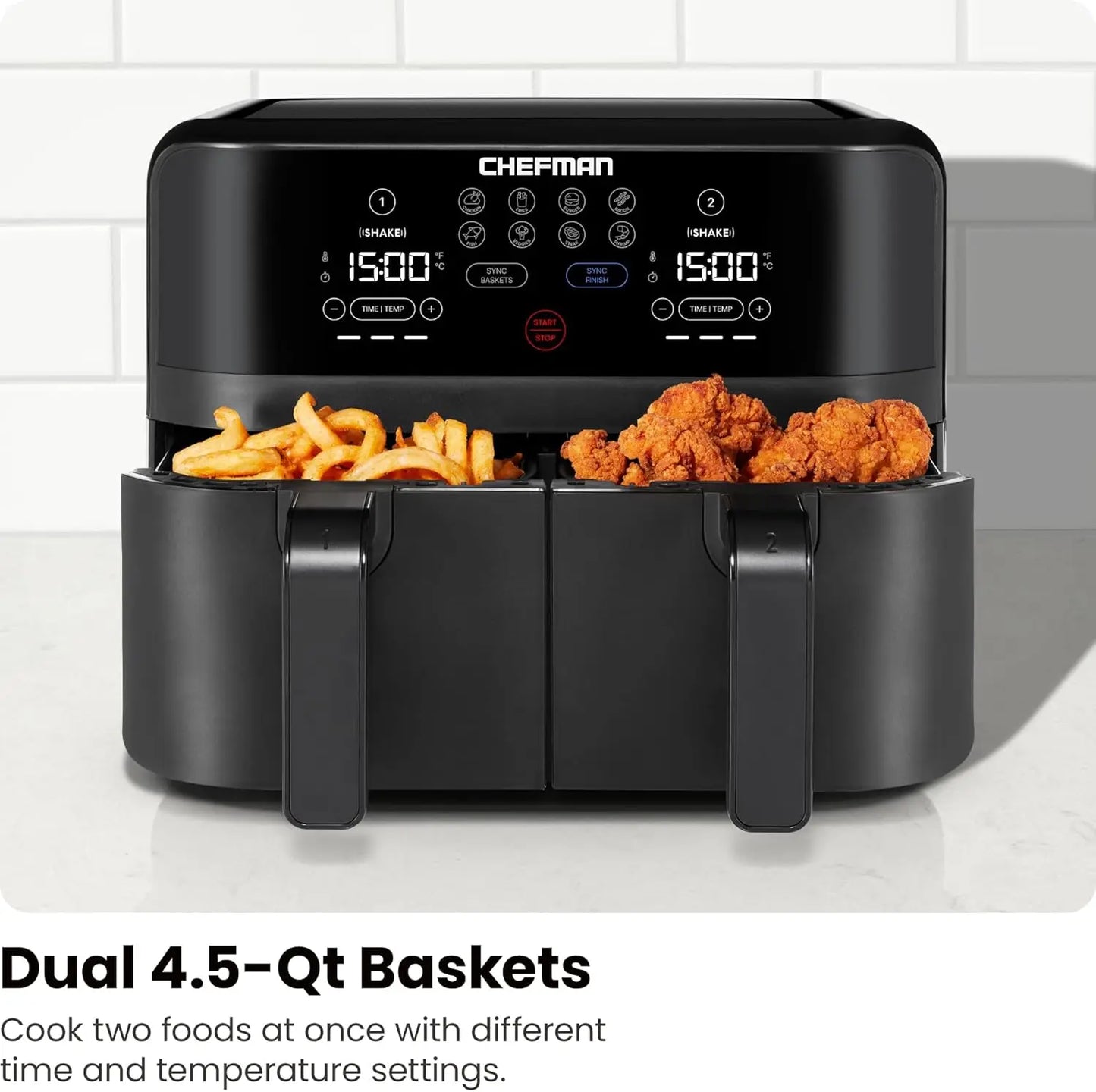 Dual Basket Air Fryer, 9QT Capacity, Digital Touch Screen, Sync Finish, Shake Reminder, Nonstick, Dishwasher Safe