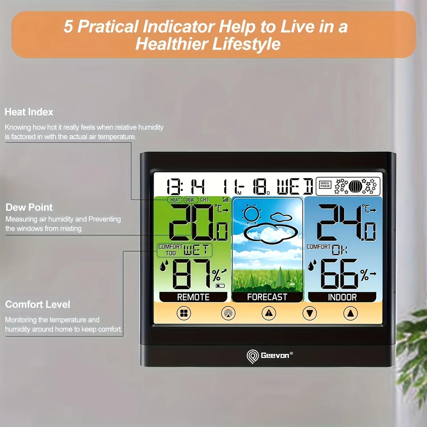 Geevon Weather Station Wireless Indoor Outdoor Thermometer Hygrometer With Touch LCD Display Digital Weather Thermometer