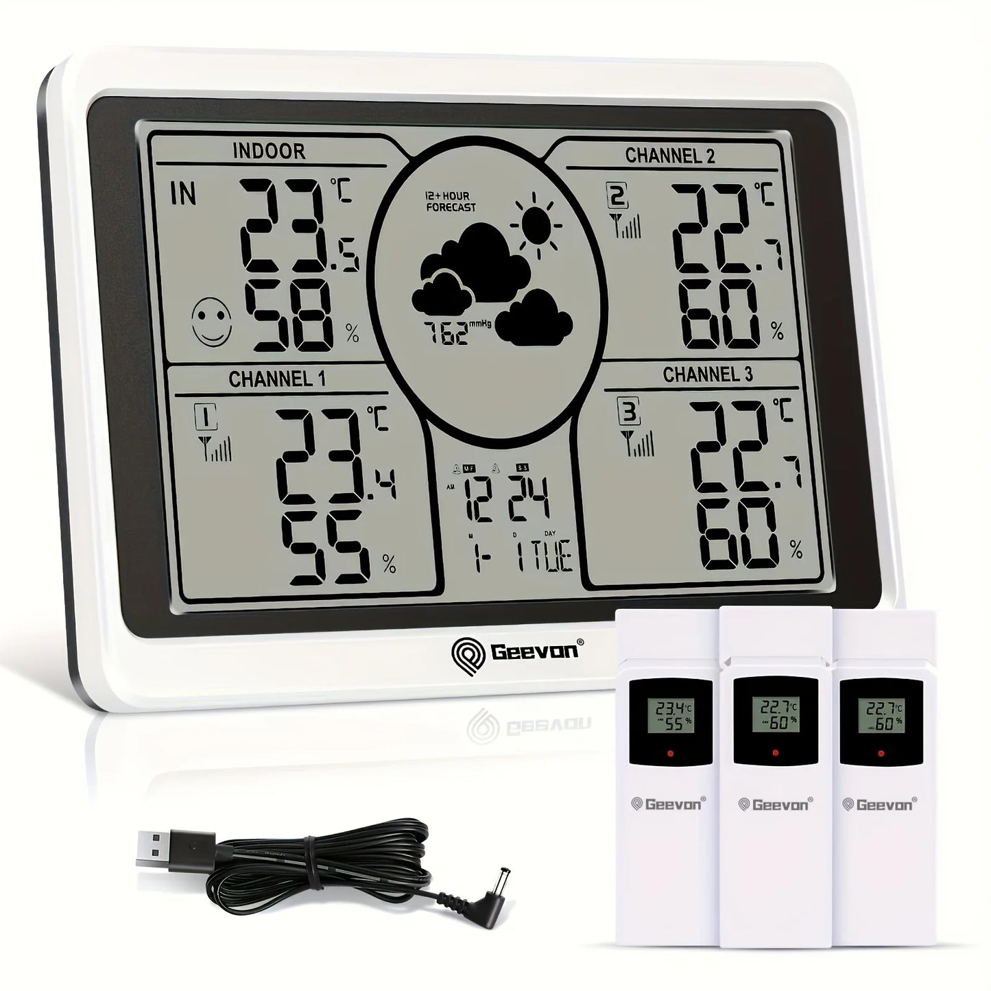 Geevon Weather Station Wireless Indoor & Outdoor Thermometer With 3-Sensors, Large LCD Display, Backlight, DIY Sticker Labels