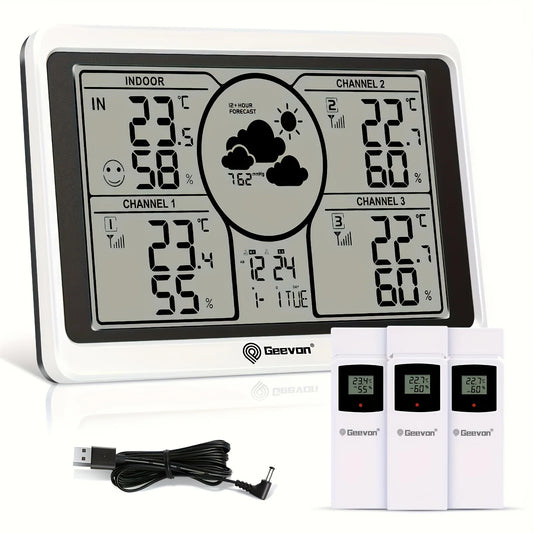 Geevon Weather Station Wireless Indoor & Outdoor Thermometer With 3-Sensors, Large LCD Display, Backlight, DIY Sticker Labels