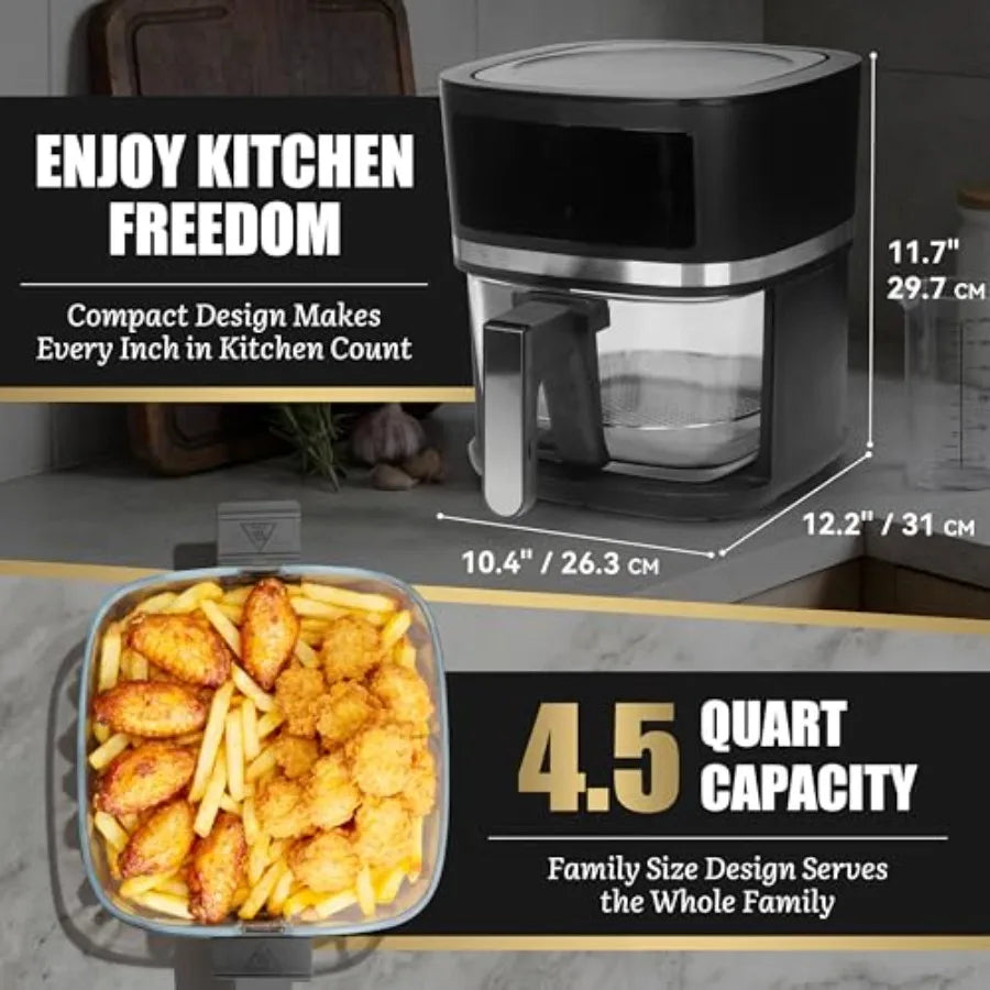 12-in-1 Glass Air Fryer Non Toxic 4.5 Quart Dishwasher-Safe Air Fryer with Graphite Glass Basket Temperature Time Programmable