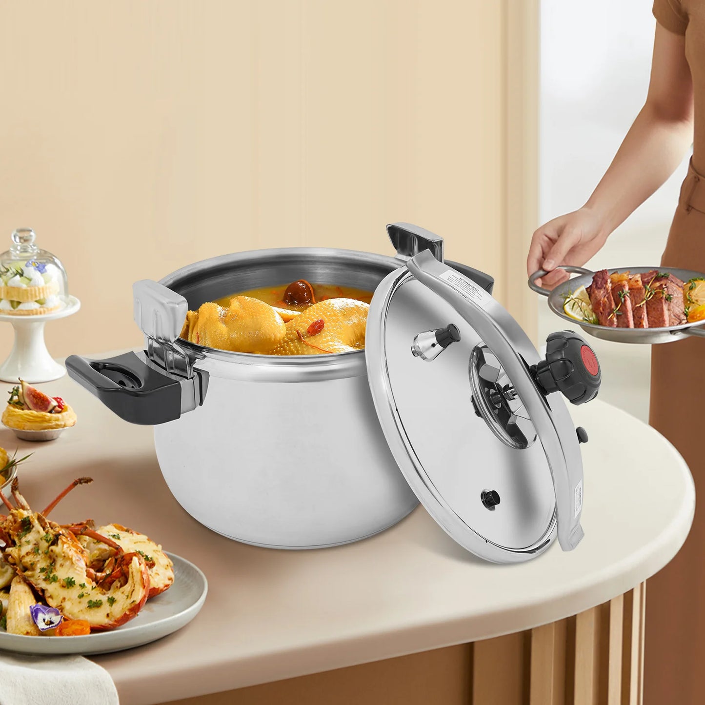 Silver 201 Stainless Steel Round Pressure Cooker,7L/22L/ 26L/40L Tabletop Pressure Cooker for Hotels,Restaurants