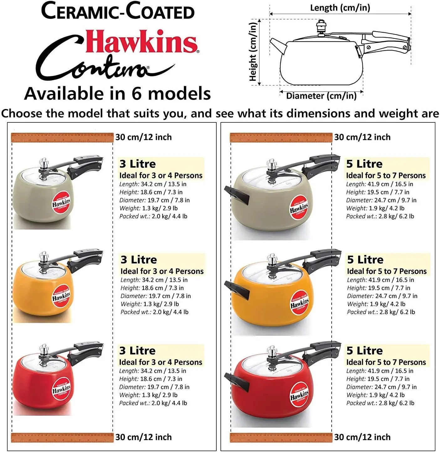 5L Pressure Cooker, Ceramic Coated Handi Inner Lid, Tomato Red, Fast Heating Curved Body