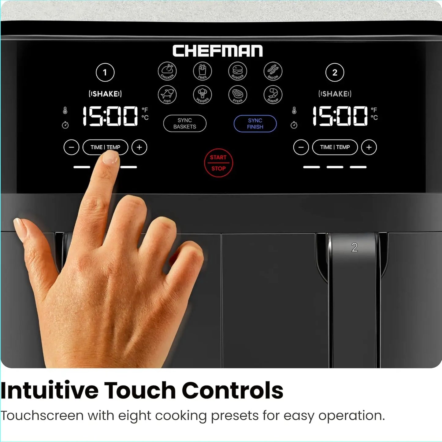 Dual Basket Air Fryer, 9QT Capacity, Digital Touch Screen, Sync Finish, Shake Reminder, Nonstick, Dishwasher Safe