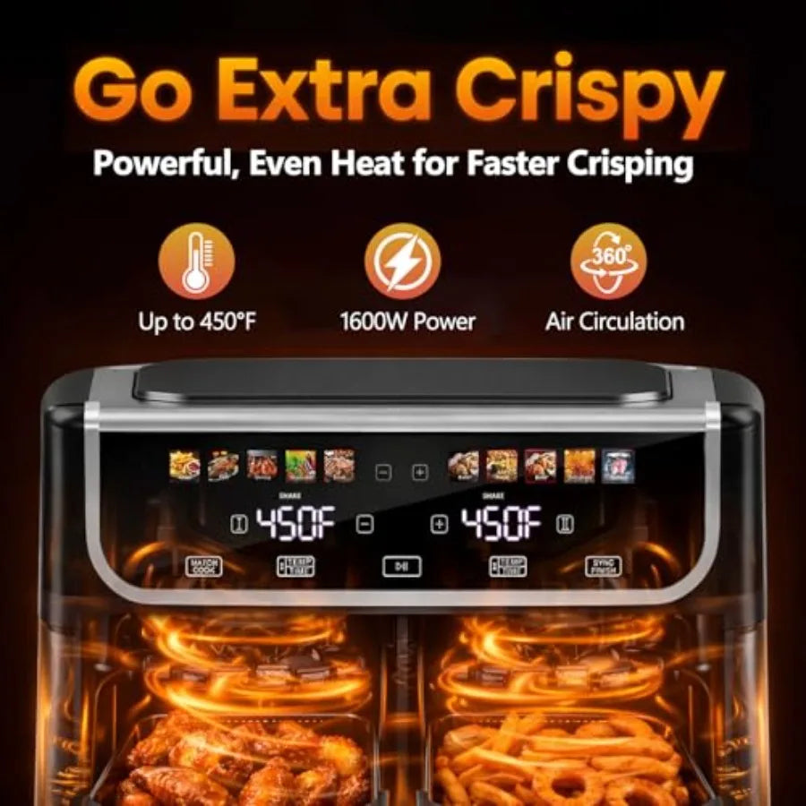 9.5-Qt Dual Basket Air Fryer 10-in-1 Digital Preset 1700W Air Fryer with Sync Cook and Independent Temp Control Shake Reminder