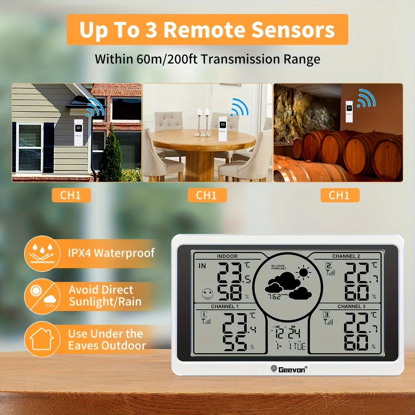 Geevon Weather Station Wireless Indoor & Outdoor Thermometer With 3-Sensors, Large LCD Display, Backlight, DIY Sticker Labels