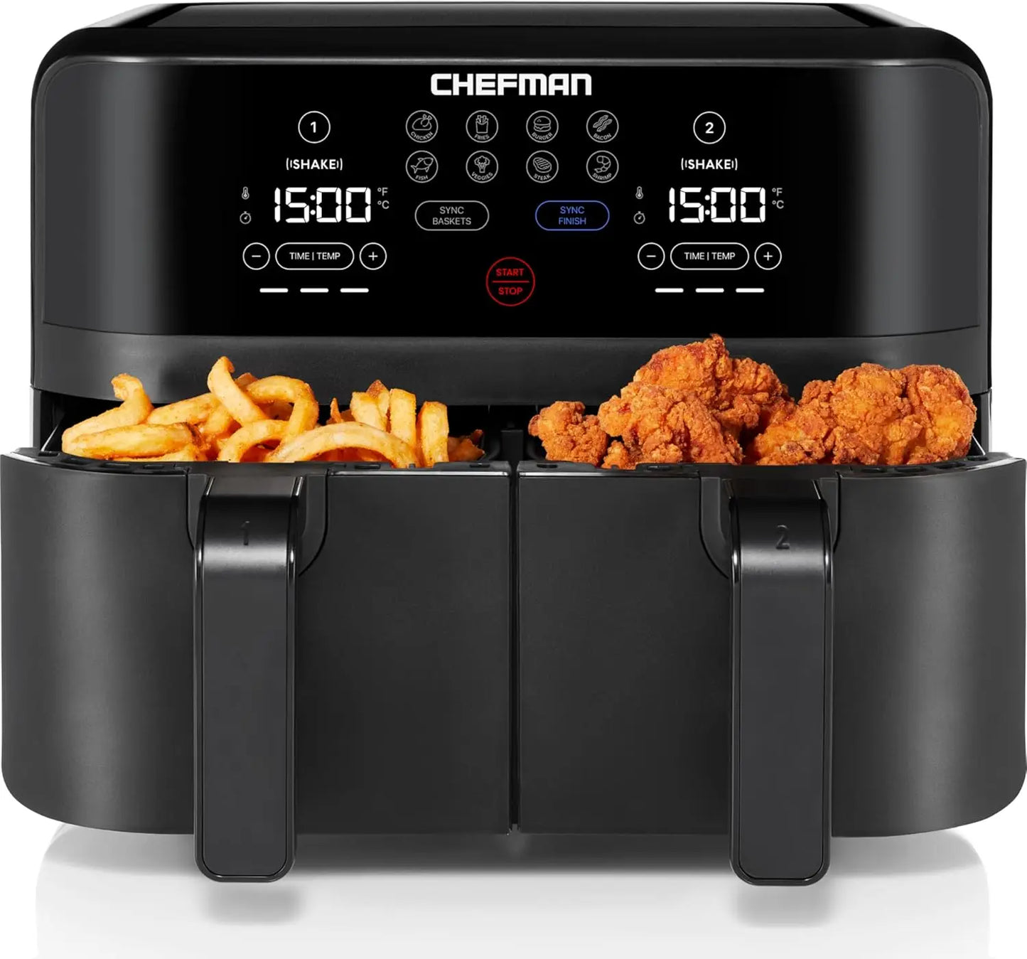 Dual Basket Air Fryer, 9QT Capacity, Digital Touch Screen, Sync Finish, Shake Reminder, Nonstick, Dishwasher Safe