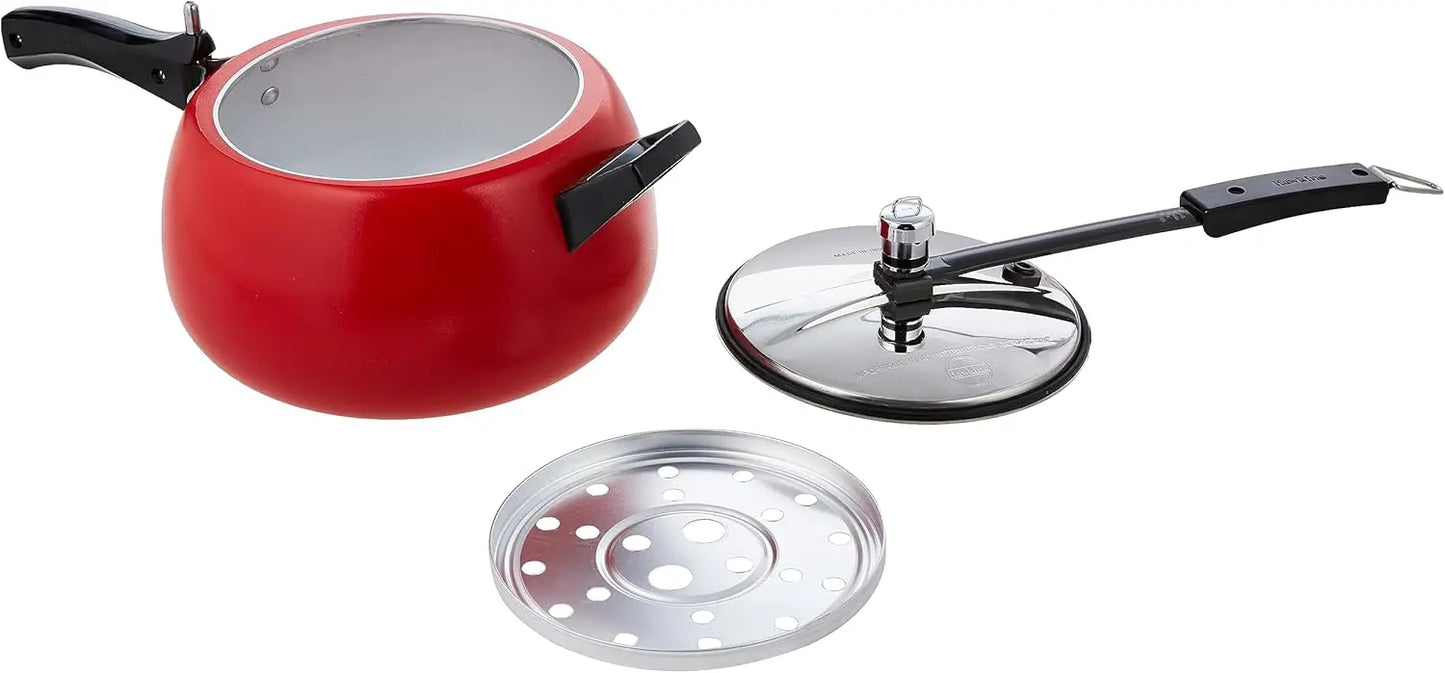 5L Pressure Cooker, Ceramic Coated Handi Inner Lid, Tomato Red, Fast Heating Curved Body