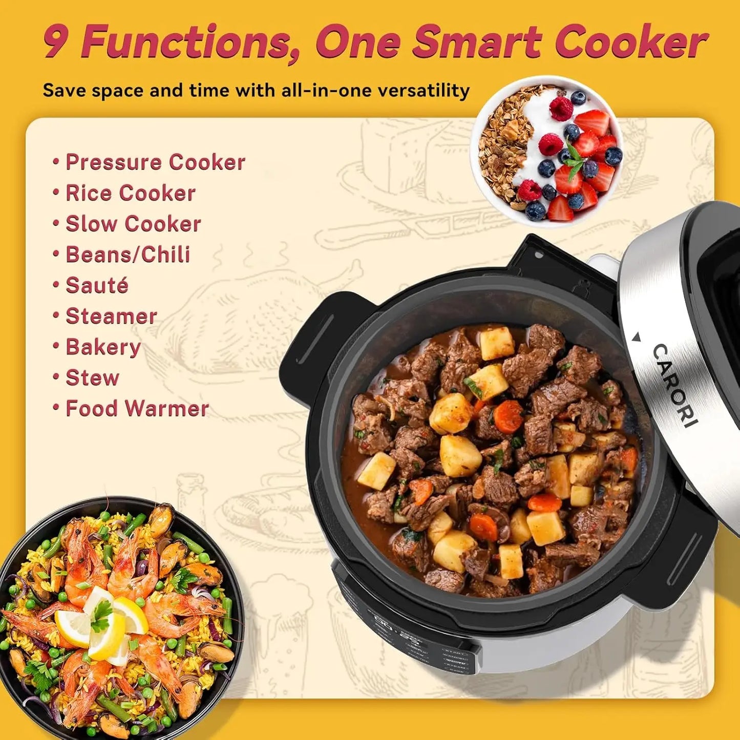 Electric Pressure Cooker 6 Quart with Non-stick Pot, 9-in-1, 12 Presets, Touchscreen, Safe Steam Release, Rice, Slow Cook